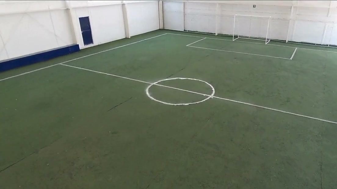 Cancha de pasto sintético del instituto con porterías y líneas blancas.