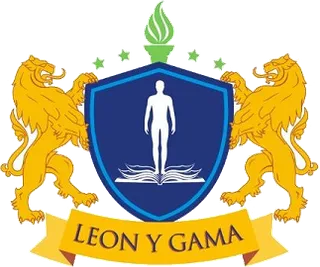 Escudo del Instituto Antonio León y Gama: dos leones dorados sostienen un blasón azul con una figura humana de pie sobre un libro abierto, coronado por una antorcha y estrellas, con un listón dorado que dice «León y Gama».